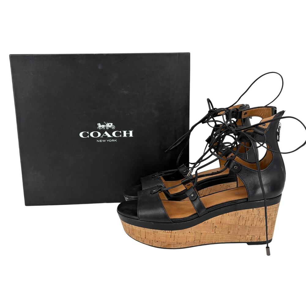 Coach Platform Sandals Size 8.5 Black Leather Cork Back Zip Ghillie Style Lacing